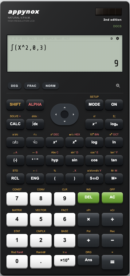 Full screenshot of the online Casio-style fx-991ES PLUS scientific calculator: the natural display shows the definite integral ∫(X², 0, 3) with the result 9, above the complete key layout.